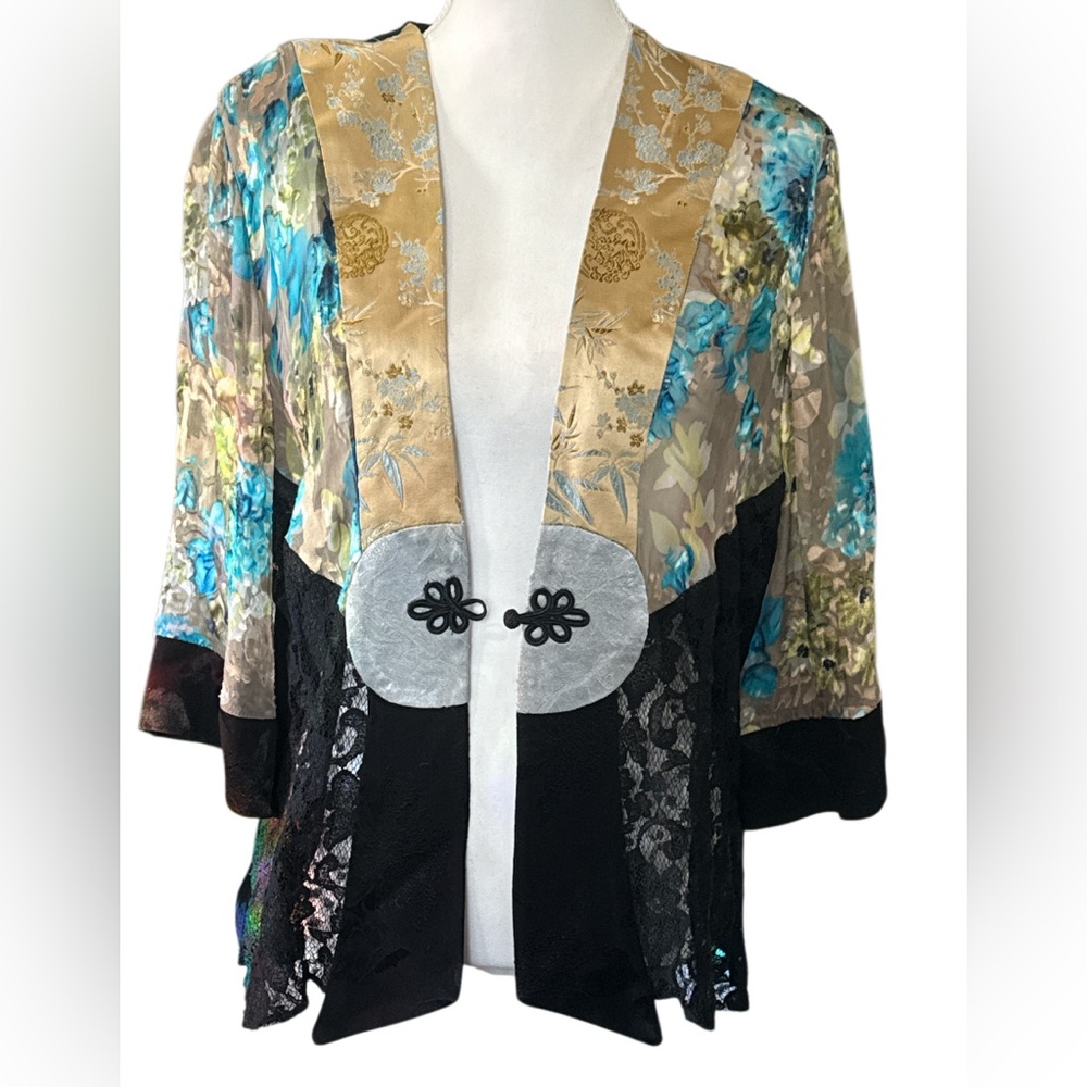 Violet Kay Mixed patchwork Floral Kimono with Black Lace